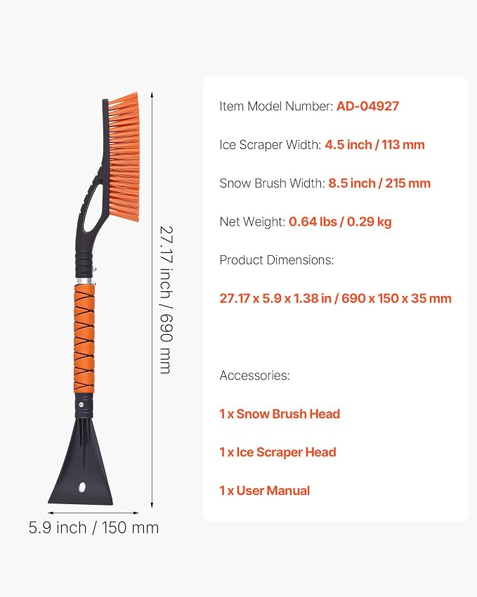 Snow Brush and Ice Scrapers for Car Windshield, 27-inch Aluminum Snow Scraper Removal Tool with Foam Grip & Scratch-Free Bristles, Detachable and Easy-to-Carry for Cars, Trucks, SUVs, RVs