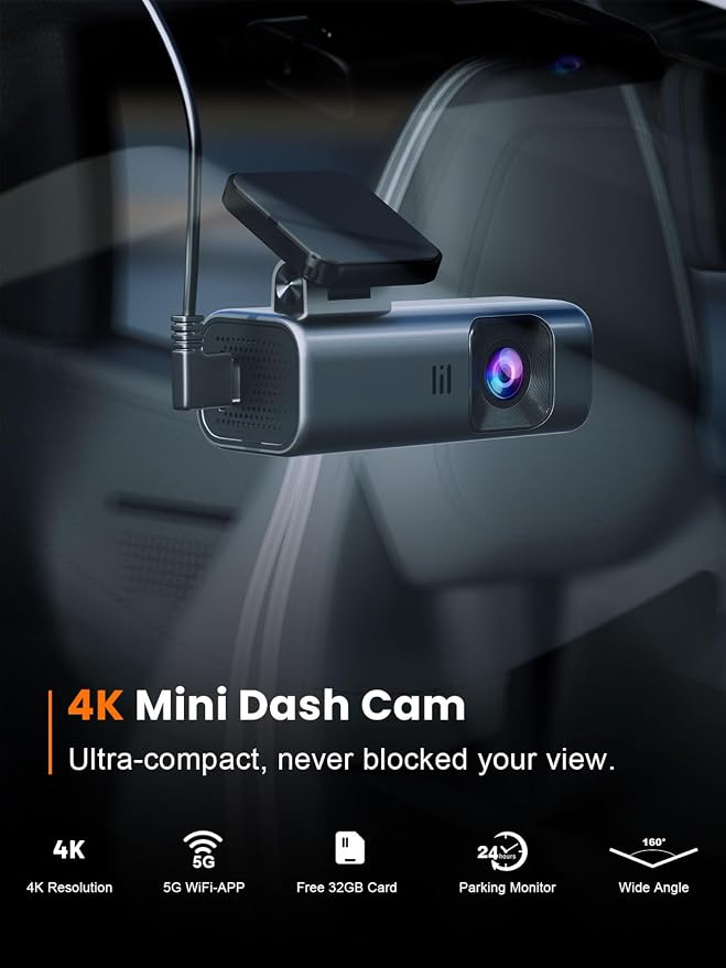 4K Dash Cam Front, Built-in 5G WiFi, 32GB Card Included, Dash Camera for Cars, Mini Dashcam with Super Night Vision, Loop Recording, G-Sensor, 24 Hours Parking Monitor, Support 256GB Max