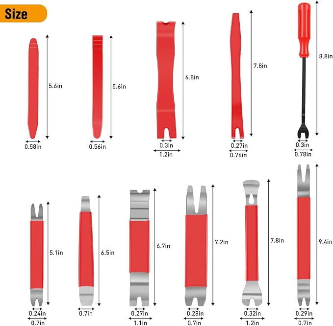 11PCS Trim Removal Tool Kit, Metal & Nylon Pry Tools Set for Car Door Panel, Dashboard, Audio, Clips, Fastener Remover w/Storage Box – Red