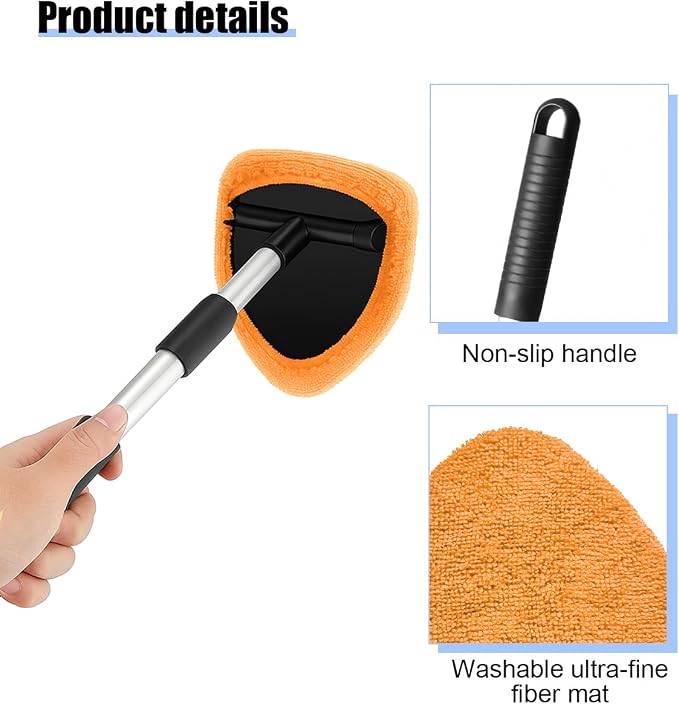 Car Windshield Cleaner Tool, Vehicle Window Detailing Cleaning Kit with Extendable Handle & 4 Washable Microfiber Pad, Auto Glass Wiper Cleaner for Exterior & Interior, Universal Fit (Orange)