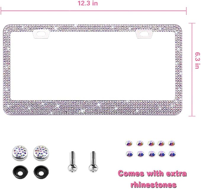 Bling License Plate Frame for Women, 1PCS Sparkly Stainless Steel License Plate Frames| Over 1000 pcs 14 Facets Bedazzled Clear Glass Diamond Rhinestone Crystals w/Free Glitter White Diamond BOX