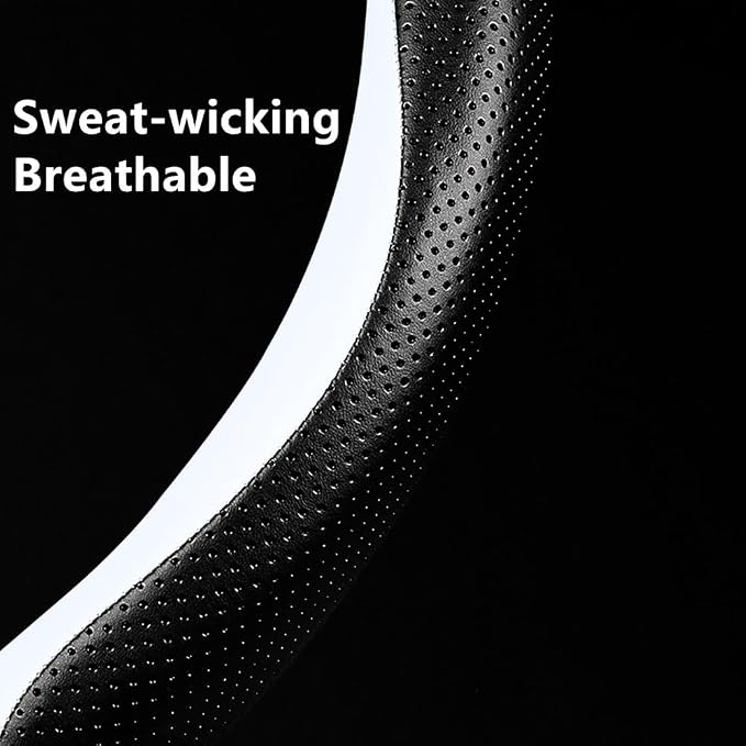 Leather Car Steering Wheel Cover, Elegant, Fashionable, Comfortable, Non-Slip, Breathable, Universal 15 inch, Black and White