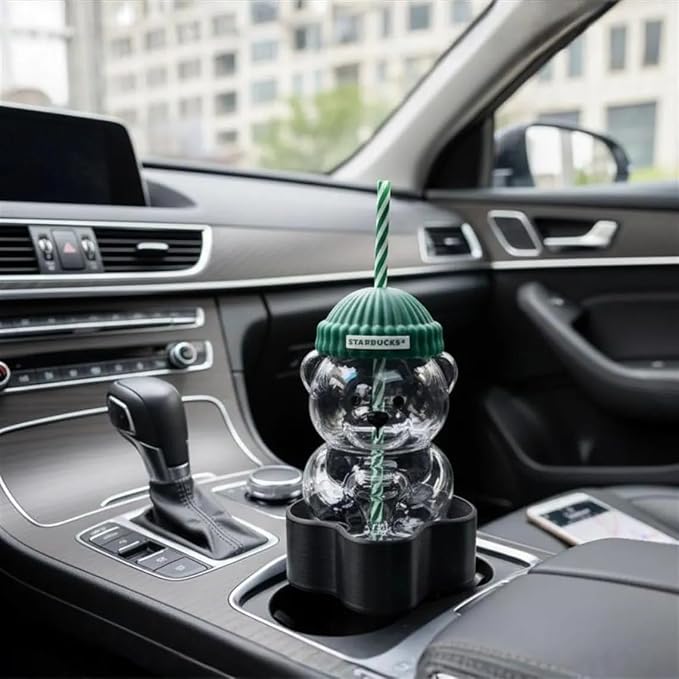 | Bear Cup Holder for Car | Universal Car Drink Holder Expander | Transparent Bear | Coffee Cup Travel Mug Water Bottle (Black)