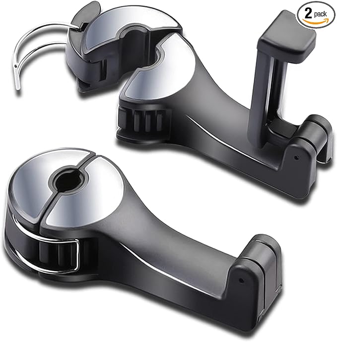 Car Headrest Hook with Phone Holder, Universal 360 Rotation Headrest Hooks for Purses and Bags (Silver)