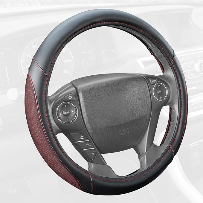 Wine Steering Wheel Cover - Dotted Comfort Polyester Grip on Stitched Synthetic Leather, Wine Stitching/Black