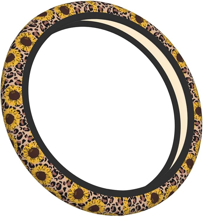 Elastic Car Steering Wheel Cover,Yellow Sunflowers Leopard Print Protector Upgrade Thicken,Anti Slip Soft Car Interior Decor for Diverse Cars Truck SUV for Men Women Universal 15 Inch