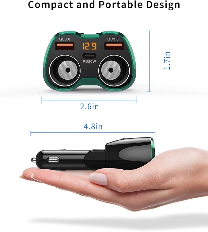 [2026 Upgraded] Cigarette Lighter Splitter, 180W 2-Socket Cigarette Lighter Adapter with Dual QC3.0 and 20W PD USB C Car Charger Splitter for GPS/Dash Cam/Laptop/iPad/iPhone 17/16/15/14/13/12