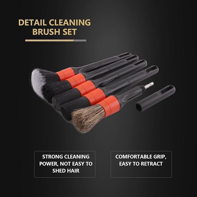 Car Drill Brush, Drill Brush Attachment 5Pcs Detachable Car Care Detailing Brush Set Soft No Scratch Boar Hair Detail Brush Car Care Detail Brush for Air Vent Automotive Interior Exterior -DF075