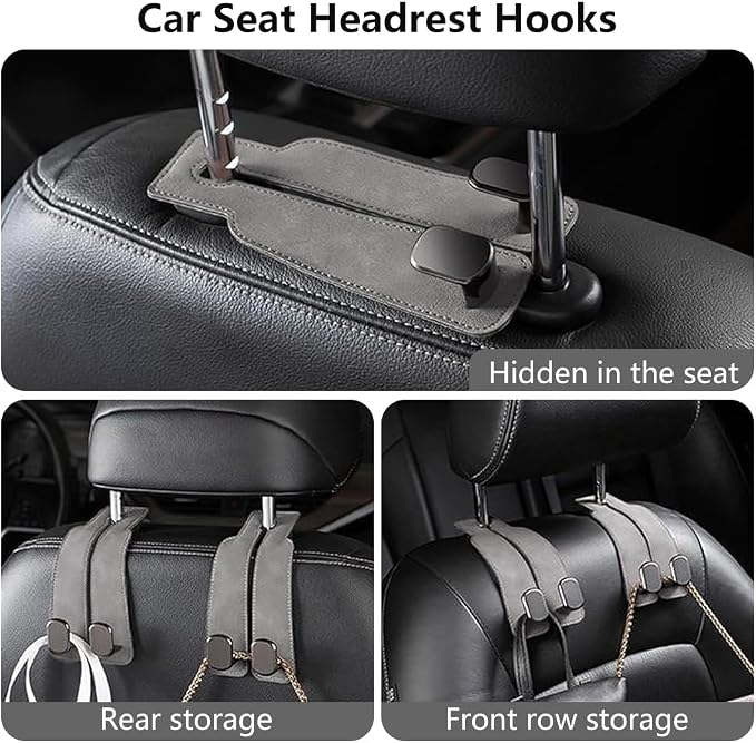 Headrest Hooks for Car, Twinhook Car Seat Hooks for Headrest, Leather Car Purse Holder Hooks for Purses and Bags, Universal Car Headrest Hangers Seat Back Organizer for Travel (Grey, 4Pcs)