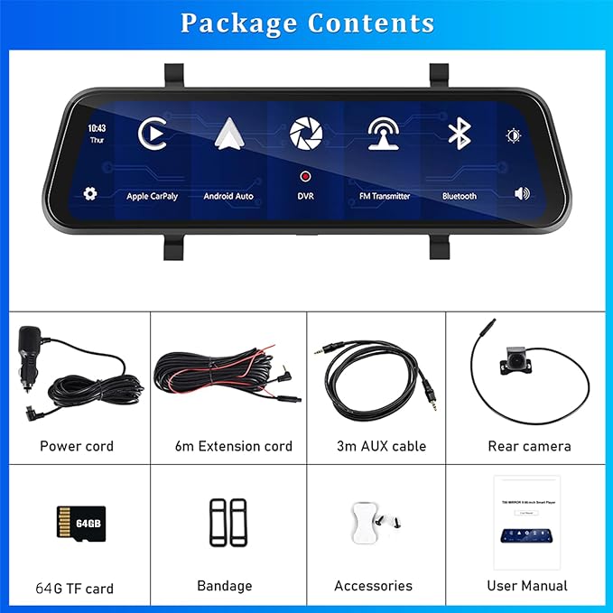 Rear View Mirror Camera with Carplay&Android Auto,9.66" 1080P Mirror Dash Cam Front and Rear with Voice Control,Night Vision,Parking Monitoring,Reverse Assist Free 64GB Card for Cars&Trucks