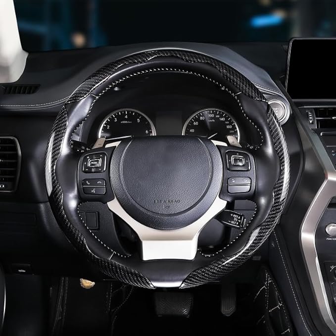 Carbon Fiber Steering Wheel Covers 3 Piece Clip on Steering Wheel Cover (Black)