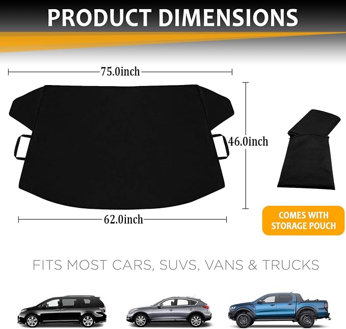 Car Windshield Cover Large Enhanced 600D Oxford Fabric Windshield Frost Cover for Ice and Snow Frost Waterproof Wiper Front Window Protects UV Sunshade Cover for Most Cars SUV Vans (75" x 46")
