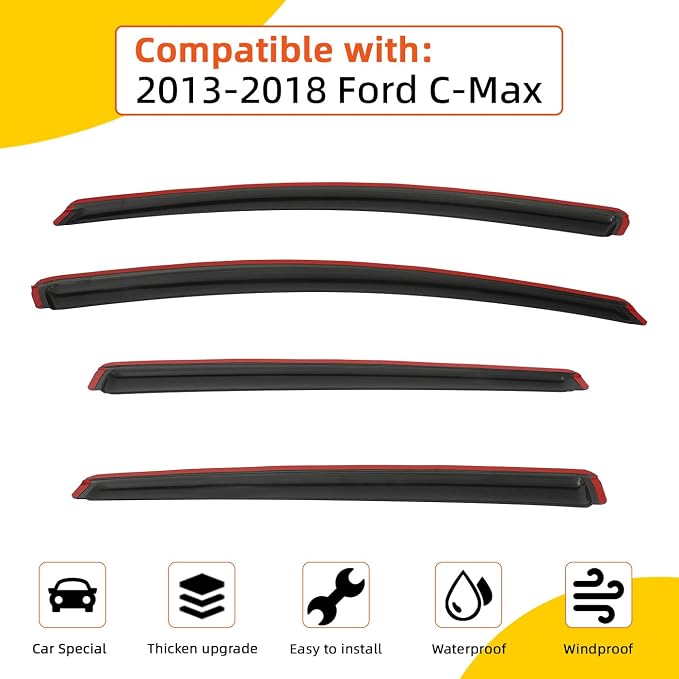 Rain Guards Compatible with 2013-2018 Ford C-Max Tape-On Side Window Visor Wind Deflector Vent Visors Car Accessories 4pcs