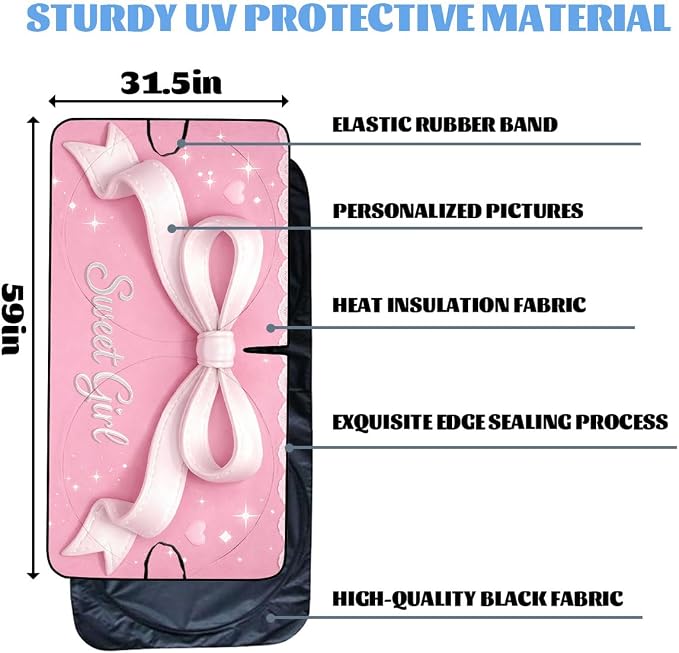 Cute Car Windshield Sunshades Pink Ribbon Sweet Coquette Aesthetic Kawaii Front Window Sun Shade Rays Sun Shade Visor Protector for Car Sedan Truck SUV Accessories 59" L x 31.5" W