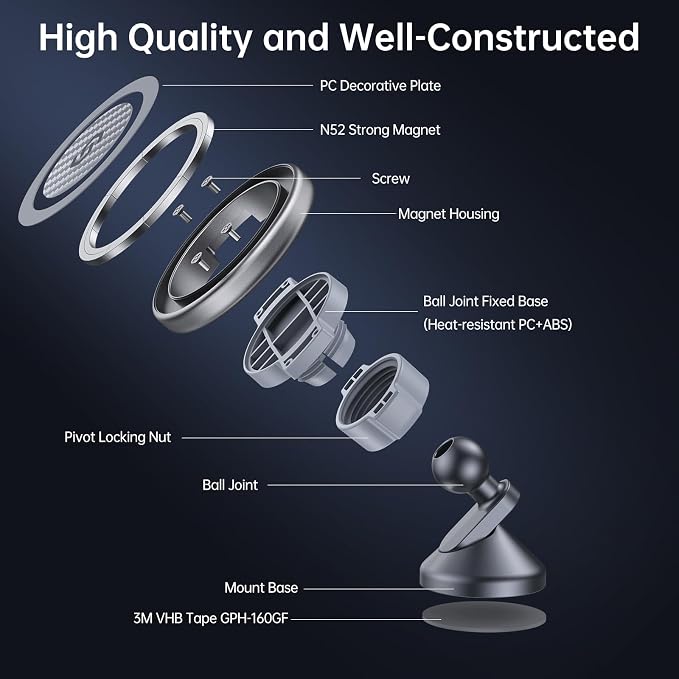 for MagSafe Car Mount - Magnetic Phone Holder for Car Dash,360° Rotation Strong Magnets Car Phone Holder Compatible iPhone 17 16 15 14 13, MagSafe Car Accessories, Titanium Silver