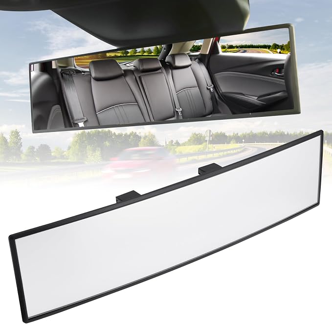 Panoramic Rear View Mirror, 12 Inch Wide Angle Clip On Mirror, Universal Car Interior Accessories, Convex Interior Mirror Reduces Blind Spot, Clear Vision Fits Car SUV Trucks