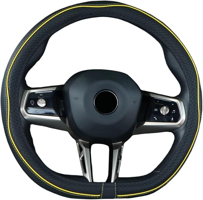 Flat Bottom Steering Wheel Cover Anti-Slip,Safety,Soft,Breathable,Durable,Full Surround,Comfortable Grip Microfiber Leather (D Shape, Black Yellow)