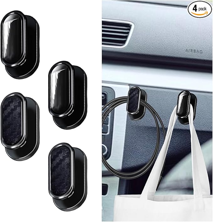 Car Mini Hooks, Multifunctional Strong Self-Adhesive Backseat Hangers, Wall Hanging Hooks, Universal Hook Stickers, Car Interior Accessories for Key Charging Cable Earphone (4PCS Carbon&Glossy)
