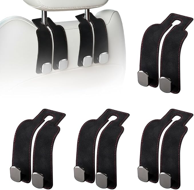 Headrest Hooks for Car, Twinhook Car Seat Hooks for Headrest, Leather Car Purse Holder Hooks for Purses and Bags, Universal Car Headrest Hangers Seat Back Organizer for Travel (Black, 4Pcs)