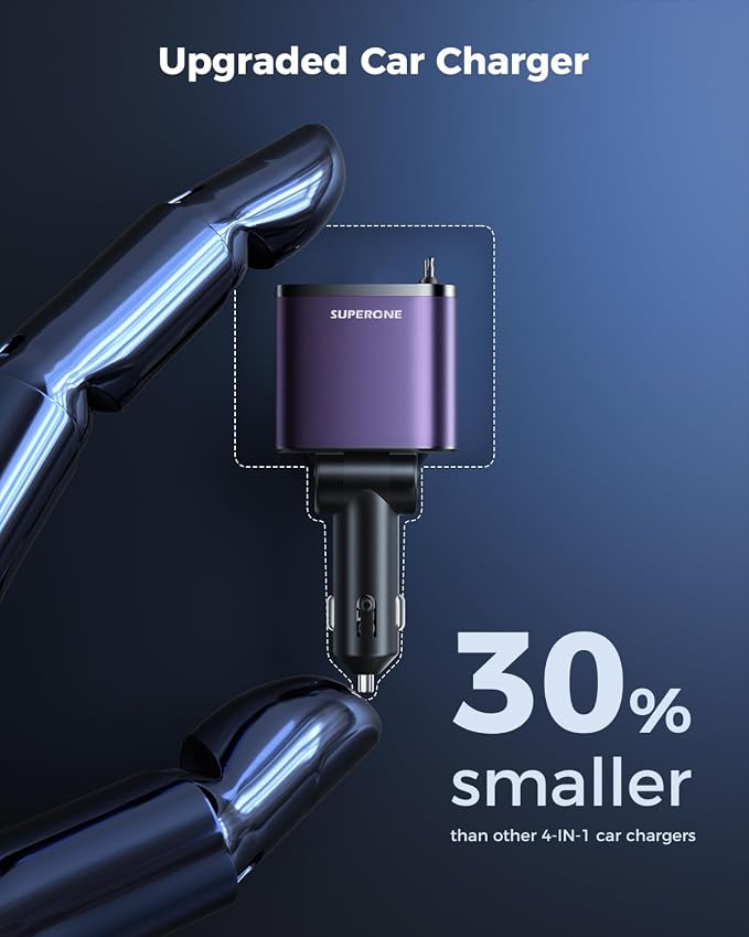 [Upgraded] 6 in 1 Retractable Car Charger, Smaller Fast Car Phone Charger 99W with Cord, USB C and iPhone Car Charger Adapter, Compatible iPhone 17/17 Pro Max/16/15/14/13/12/11, Sumsung