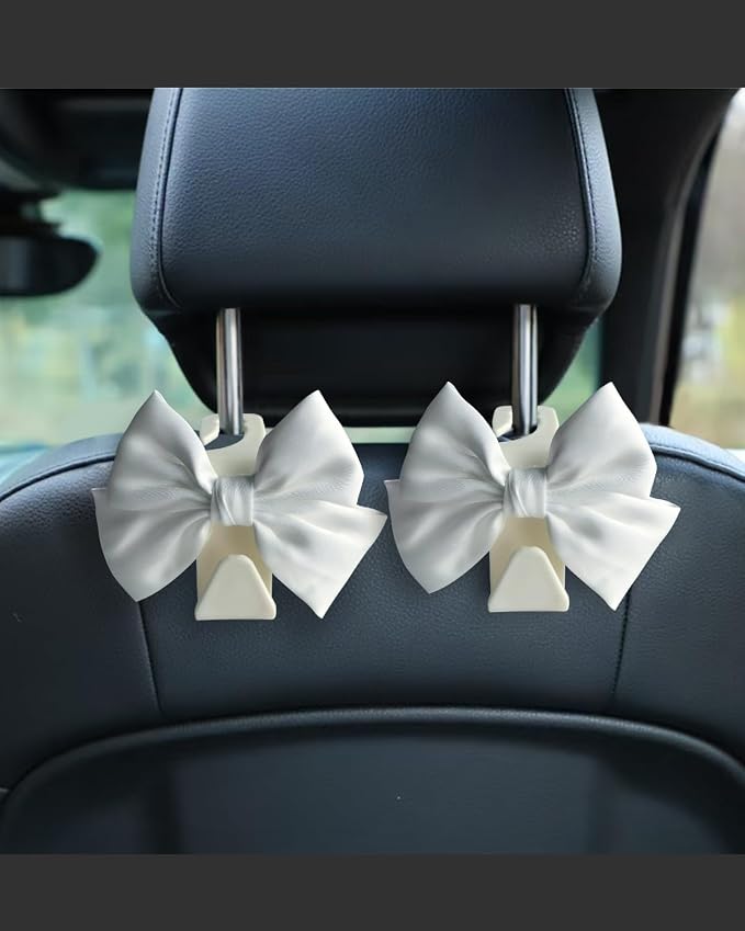 2 Pack Car Purse Holder for Handbags and Bags, Headrest Back Seat Hooks for Cars, Car Bag Hanger for Groceries, Coats, Umbrellas and Daily Essentials, Bow-Shaped Car Interior Organizer (White silk)
