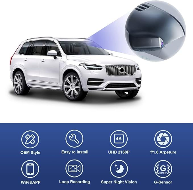 4K Dash Cam Suitable for Volvo XC90 2016-2022 T5 T6 T8 (Model A), Integrated OEM Style, UHD 2160P Video, Built-in WiF&APP, Loop Recording, G-Sensor, Easy to Install, 64GB Card