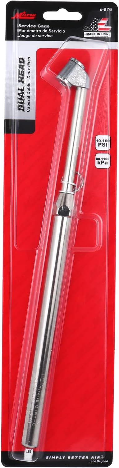 S-976 Dual Head Chuck Tire Pressure Service Gauge, Plated Brass Tube, 12 3/4” 1-160 PSI
