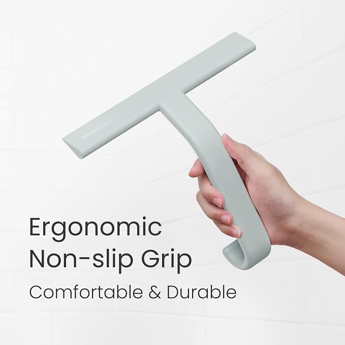 JustHang Shower Squeegee for Glass Doors, All-One-Piece Award-Winning Silicone Squeegee with Built-in Hook for Bathroom, Window, Mirror, Tile Wall,Car, Streak-Free Cleaner,10-Inch Sage Green