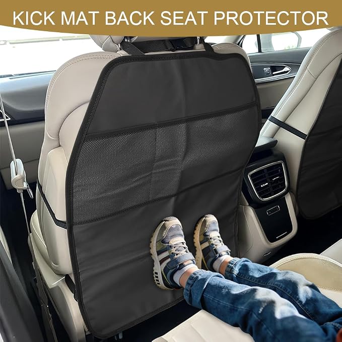 2PCS Kick Mat Back Seat Protector, Back Seat Cover for Kids, Large Vehicle Backseat Protector with 2 Mesh Storage Pockets, Waterproof Car Backseat Protective Covers for Most Vehicles (2PCS)