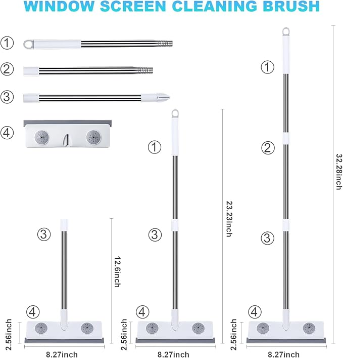 Mesh Screen Cleaner, Glass Wiper, Dust Paper Clip，3 in 1 Wet and Dry Screen Cleaner with Long Handle Wiper for Shower, Glass, Floor, Tile Walls, Car Windshield, White