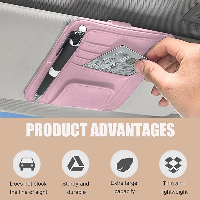 2 PCS Car Sun Visor Organizer, Small Auto Visor Organizer and Storage, Registration and Document Holder for Sunglasses, Card, Pen, Driver License, Car Accessories (Pink)