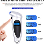 Digital Tire Pressure Gauge, 150PSI 4 Settings High Accuracy Tire Gauge with Backlit LCD and Non-Slip Grip, Easy to Read Air Pressure Gauge for Cars, Trucks and Bicycles (Silver)
