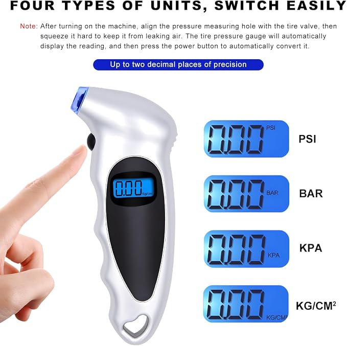 Digital Tire Pressure Gauge, 150PSI 4 Settings High Accuracy Tire Gauge with Backlit LCD and Non-Slip Grip, Easy to Read Air Pressure Gauge for Cars, Trucks and Bicycles (Silver)