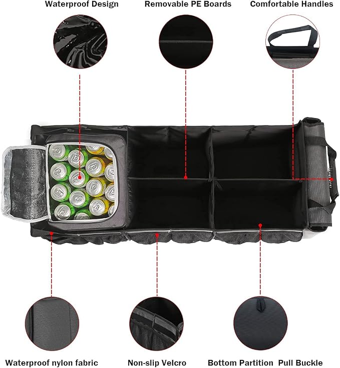 Large Trunk Organizer with Portable Leakproof Cooler Bag,Foldable Cover,Adjustable Securing Straps,Collapsible Trunk Organizer for Suv Car Truck Sedan (4-in-1 with Cooler)