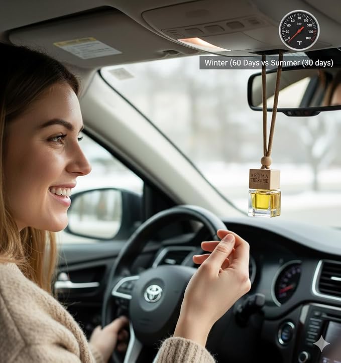 Aromatherapy Car Air Freshener, Natural Fragrance Hanging Diffuser, Long Lasting, Multiple Scents Including Peach, Vanilla Cream, Pink Coconut, and Freesia, Glass Bottle with Wooden Cap, 4pcs
