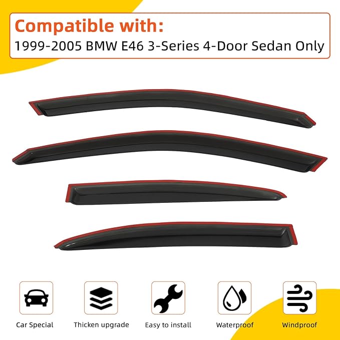 Rain Guards Compatible with 1999-2005 BMW E46 3-Series 4-Door Sedan 320 323 325 328 330 i xi Tape-On Side Window Visor Wind Deflector Vent Visors Car Accessories