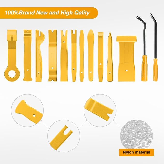13PCS Nylon Trim Removal Tool Set for Bumper Fastener Rivet Clips Car Door Clip Panel Audio Video Dashboard Dismantle Yellow