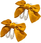 2 PCS Bow Pearl Car Seat Headrest Hook – Cute Purse Hook for Car, Girly Interior Decoration Accessories Hook Hanger, Seatback Holder for Purses & Bags, Elegant Car Organizer (Golden)