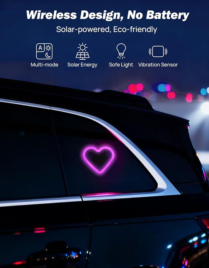Car LED Ambient Light Solar Powered Heart Neon Light Car Led Lights Interior for Outdoor/Interior Car/Room Pink
