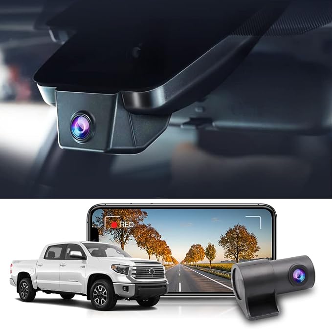 2K Front Rear Dash Cam Suitable for Toyota Tundra 2017 2018 2019 2020 2021 & Sequoia 2017-2022 Limited SR5 Crewmax TRD, OEM Style, Dual 1440P+1080P Video, G-Sensor Loop Recording WiFi, 64GB
