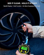 Digital Tire Pressure Gauge - Backlit Display, 200 PSI Accurate Tire Gauge - Hold Function, Long Hose, Dual Head Air Chuck, 4 Units, Bleed Valve, AAA Battery, for Car Truck RV