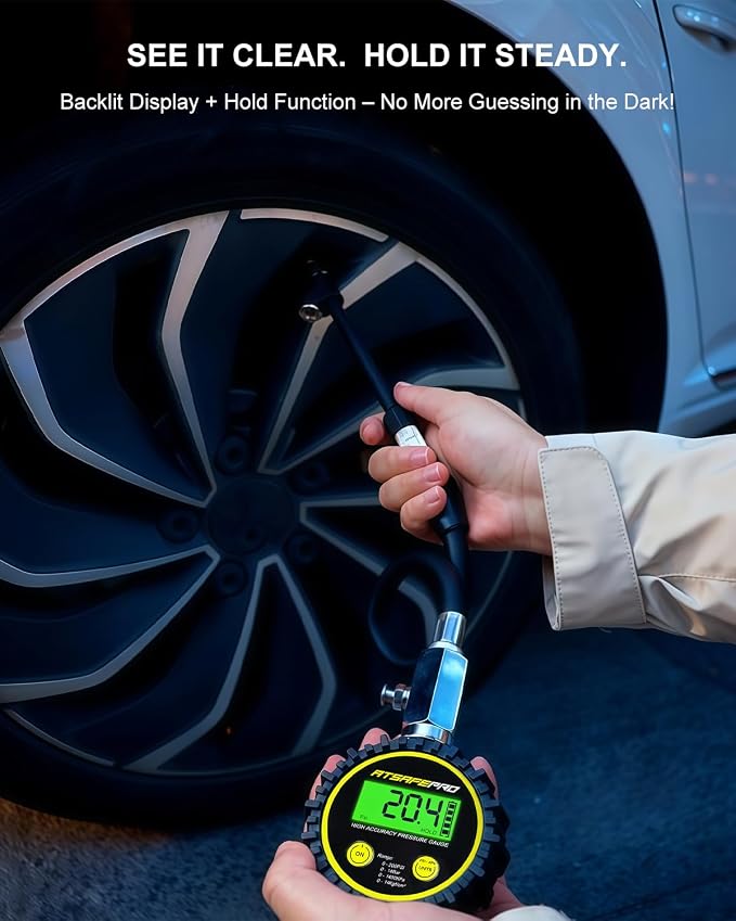 Digital Tire Pressure Gauge - Backlit Display, 200 PSI Accurate Tire Gauge - Hold Function, Long Hose, Dual Head Air Chuck, 4 Units, Bleed Valve, AAA Battery, for Car Truck RV