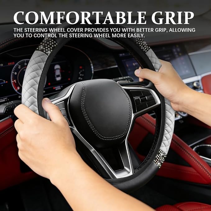 Bling Soft Leather Steering Wheel Cover, Steering Wheel Protector, 15 Inch Rhinestones Car Elastic Protector with Crystal Diamond for Women Girls, Car Accessory for Vehicles (White)