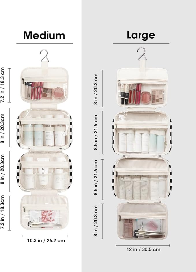 Hanging Toiletry Bag for Women Travel Makeup Bag Organizer Toiletries Bag for Travel Size Essentials Accessories Cosmetics (Black Checkerboard (Medium))