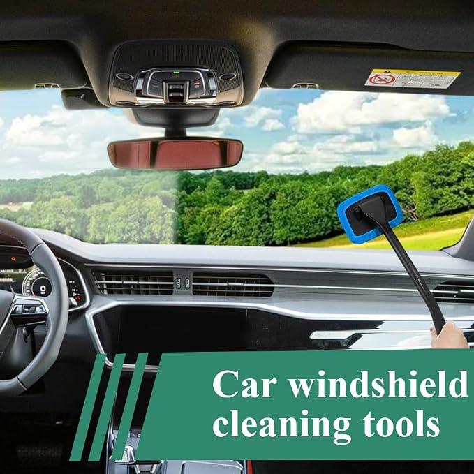 Windshield Cleaning Tool, Extendable Handle Car Window Cleaner with 4 Reusable Microfiber Pads, Auto Inside Glass Wiper for Car Windscreen Cleaning