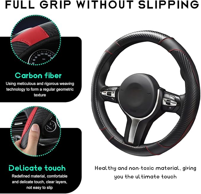 Car Steering Wheel Cover, 15 inch Carbon Fiber Microfiber Leather Elastic Steering Wheel Protector, Breathable Anti-Slip Comfortable Steering Wheel Covers for Most Cars (Black)