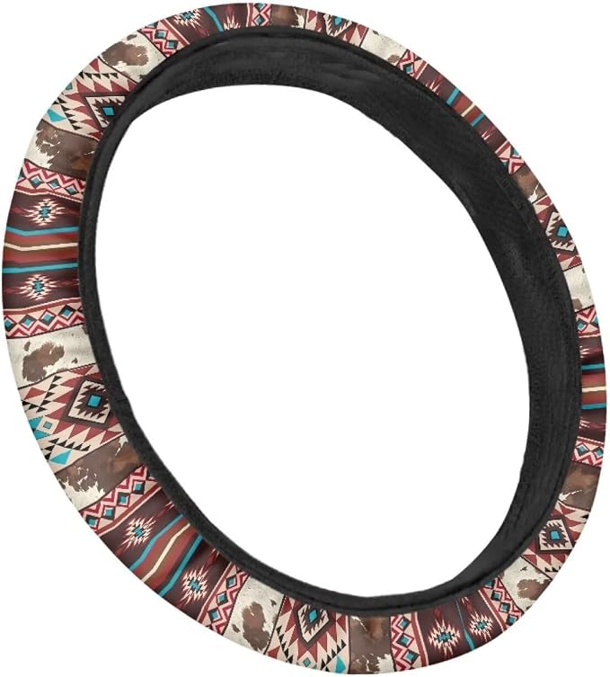Aztec Brown Cow Print Red Auto Steering Wheel Cover Unviersal 15 inch Steering Wheel Wrap Cover Auto Interior Accessories Decor All Seasons