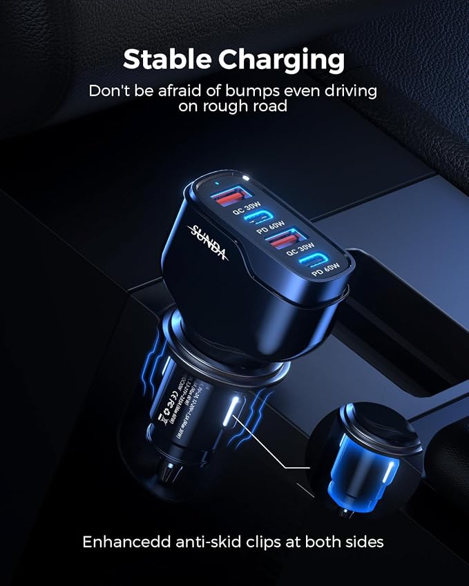 SUNDA 120W USB C Fast Car Charger, 4-Port (2 USB-C + 2 USB A) PD 3.0/60W, PPS QC 3.0, Charging for Family & Road Trip, Cigarette Lighter Adapter for iPhone/Samsung Galaxy/Google Pixel/iPad