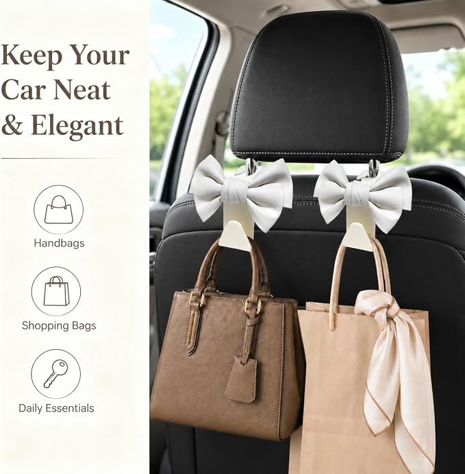 2 Pack Car Purse Hooks, Cute Bow Car Seat Headrest Hook Hanger for Purses and Bags.(white)