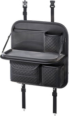 PU Leather Backseat Car Organizer with Foldable Tray & Tablet Holder, Luxury Diamond Stitching Design, Universal Car Seat Storage Organizer for Kids & Family Travel Accessories, Black